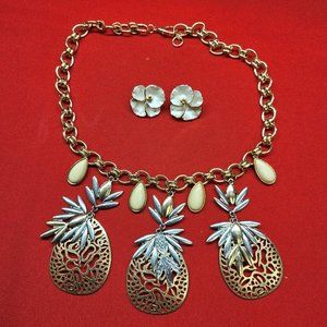 Pineapple Tropical Summer Themed Necklace & Floral Earrings Set